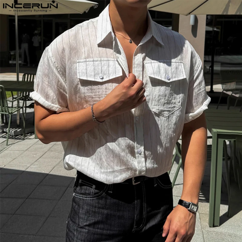 

2024 INCERUN Korean Style Loose Stripe Shirts Casual Short Sleeve Pocket Tops Simple Streetwear Male Well Fitting Fashion Tees