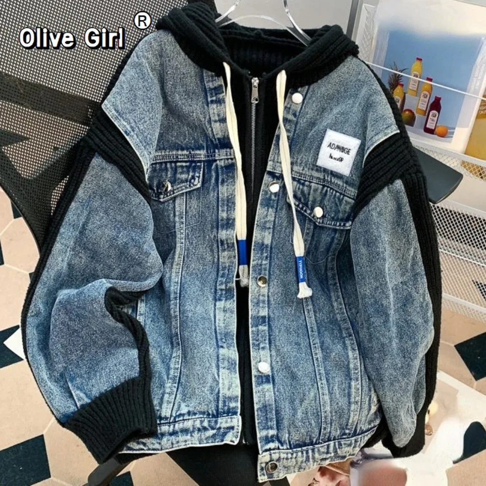 Oversized Denim Coat Jackets Autumn Men Women's Clothing  Vintage Y2k Jackets Hooded Knit Patchwork Fake Two Piece Zipper