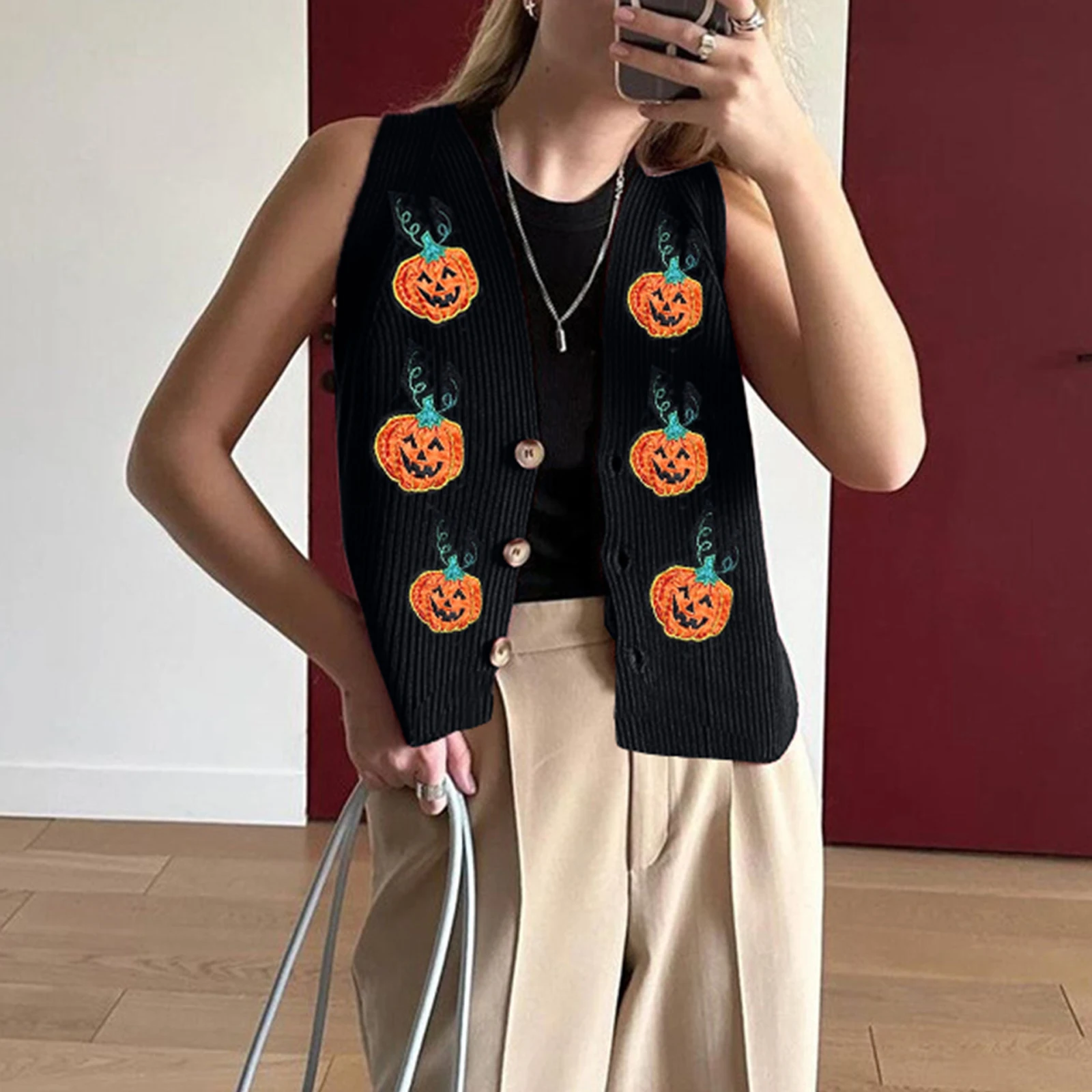 Halloween Sweter Kamizelka dla kobiet Vintage Haftowana Dynia Twarz Guzik Szydełkowy Tank Y2K Upiorna Dzianinowa Kamizelka Topy Y2K Odzież