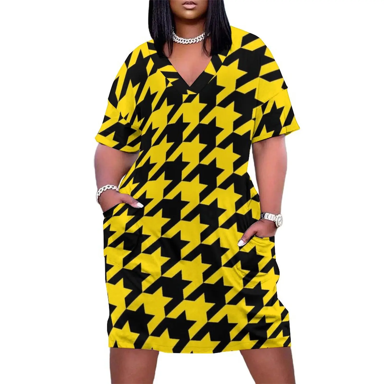 

Yellow houndstooth Loose Pocket Dress beach dress party dress women elegant luxury summer women's 2025