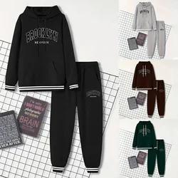 Buy 1 Get free 1 Men's Brooklyn Alphabet Print hooded sweatshirt and pants set Casual fit sporty style for Fall/Winter as a gift