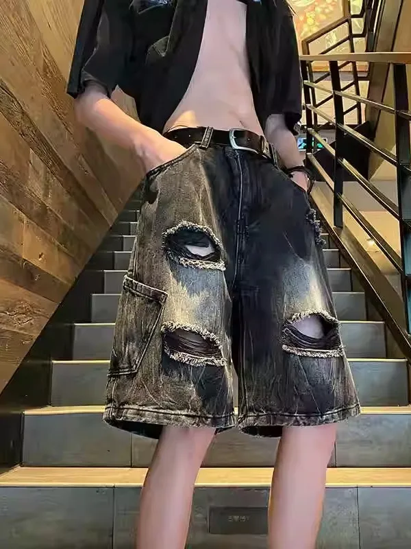 

Рваные джинсовые шорты мужские летние тонкие модные в стиле High Street свободного прямого кроя ретро, износостойкие, повседневные, длиной до колена