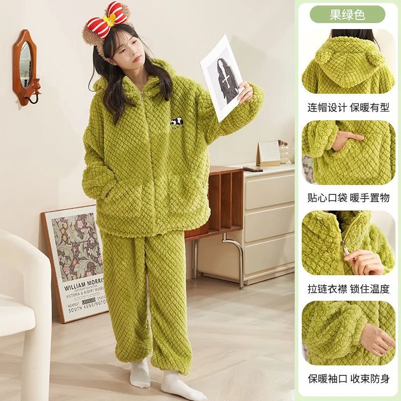 Autumn Winter Women\'s Sleepwear Flannel Pajamas Set Thick Fleece Nightwear Sets Warm Home Suits Hoodie Plus Pants