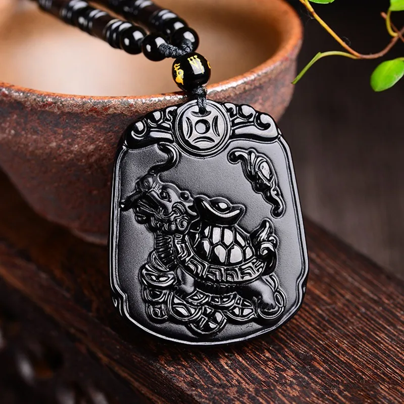 

Natural Black Obsidian Dragon Turtle Pendant Fashion Boutique Hand Carved Safety and Auspicious Send Blessing Necklace