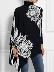 UOOZEE 2025 New Asymmetric Floral Printed High Neck T-Shirts For Women Autumn Long Batwing Sleeve Loose Casual Going Out Tops