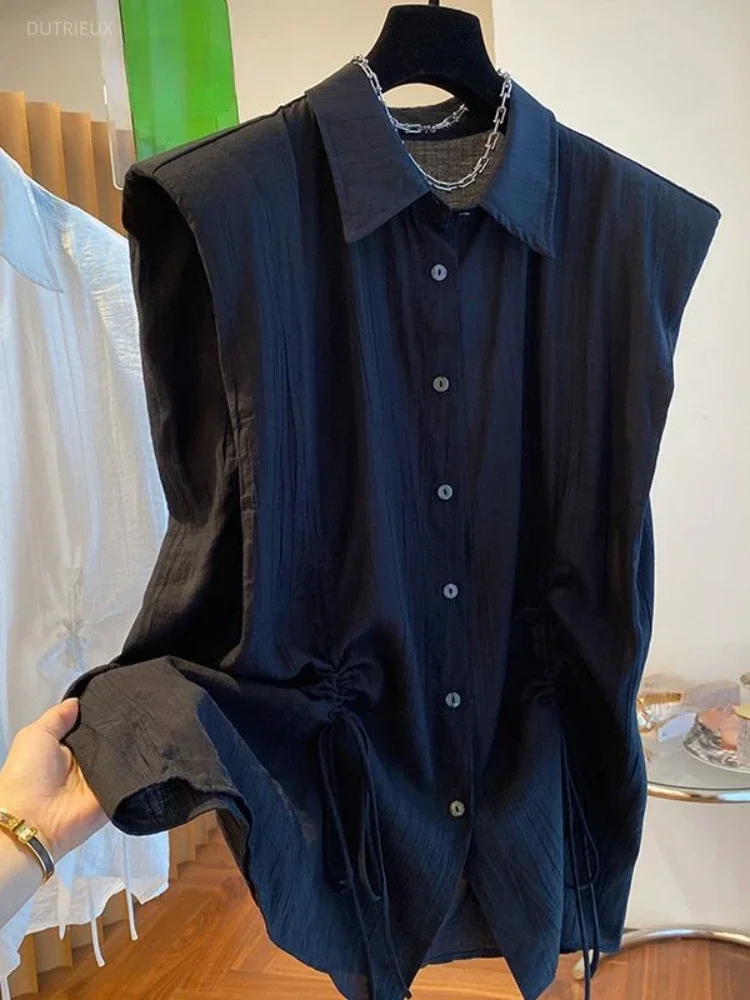 Fashion Design Shirts Single Breasted Solid Color Sleeveless Draw String Summer Blouses Vintage All Match Loose Women's Clothing