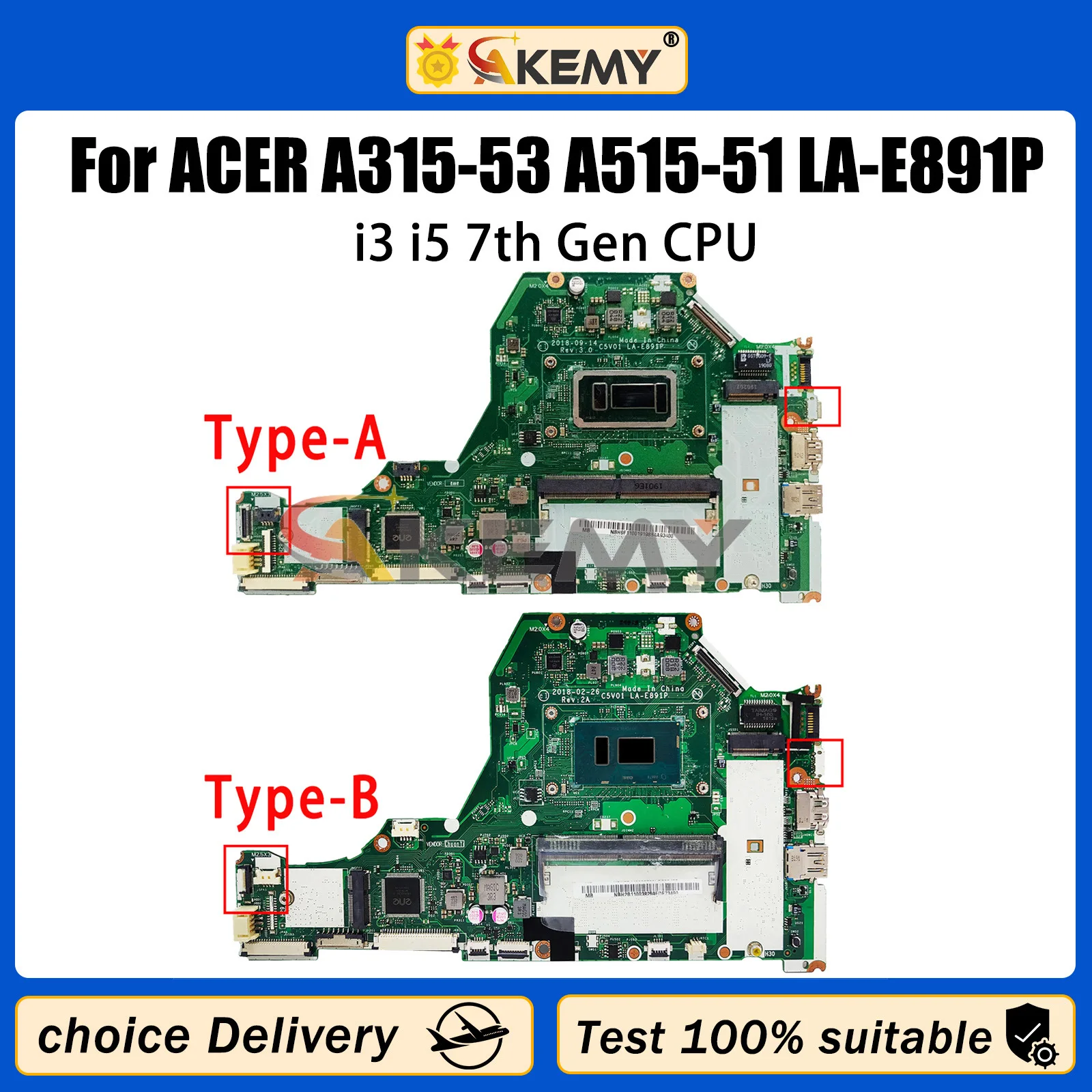 

Материнская плата для ноутбука Acer LA-E891P A315-53, i3 i5 7-го поколения, ЦП NBH2B11001 NBGSU1100 NBGSU11002, материнская плата