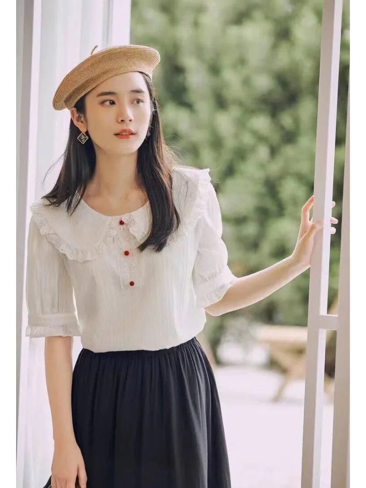 Merry Pretty High Quality Ruffles White Tops Summer Cotton Short Sleeve Shirts Peter Pan Collar Casual Retro Sweet Loose Blouses