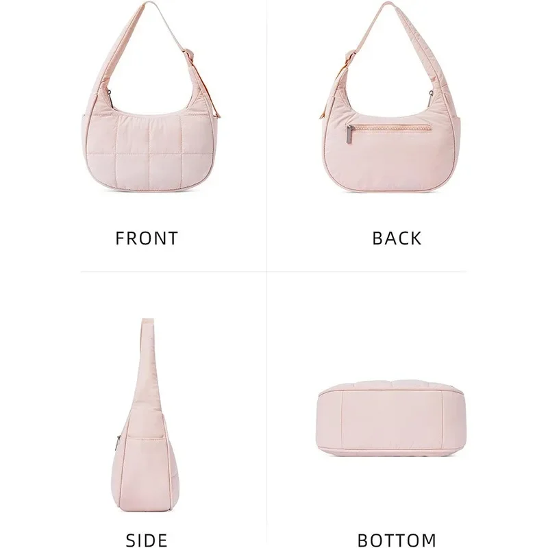 Light Pink Grid Quilted Puffer Crescent Hobo Bag Adjustable Wide Strap Nylon Padded Underarm Shoulder Bag for Women Daily Casual Use - view 6