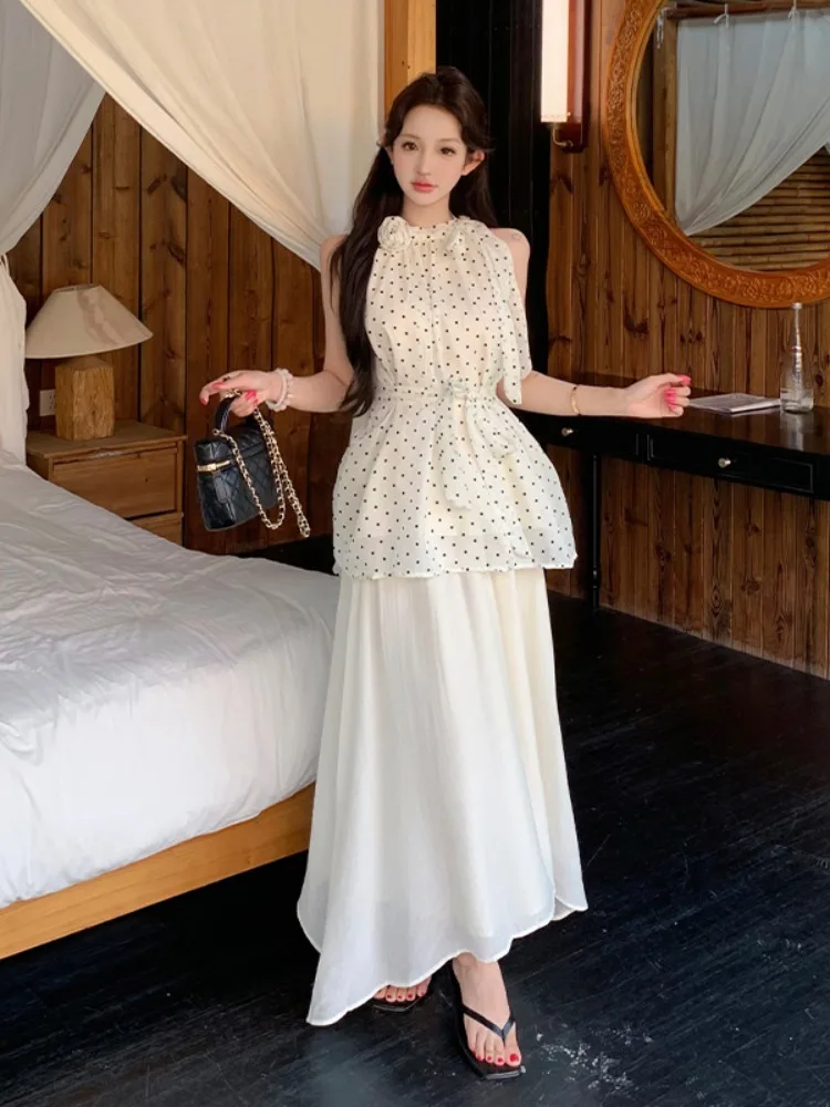 

Elegant Polka Dot Floral Tie Neck Top And High Waist Skirt Two Piece Set for Women Summer New Style Breathable Casual Fashion
