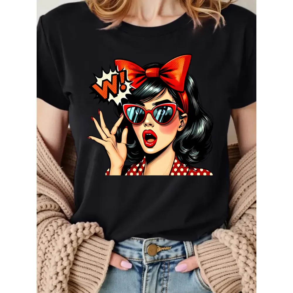 Retro Pop Art Woman Graphic T-Shirt Vintage 50s Pin Up Style Casual Short Sleeve Tees Funny Comic Book Tops for Women