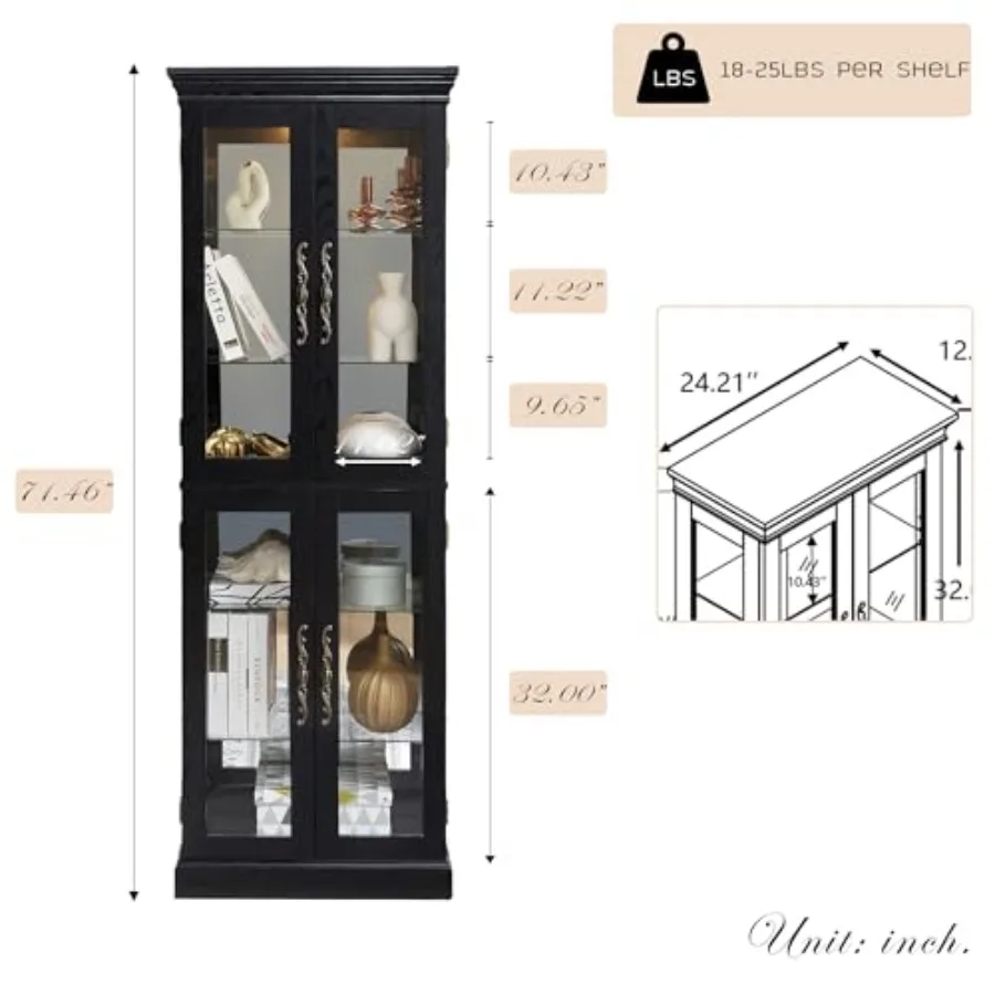 Lighted curio cabinet for living room: vintage wood finish, adjustable shelves, 4 tempered glass doors, bulb included, ideal fo view 2