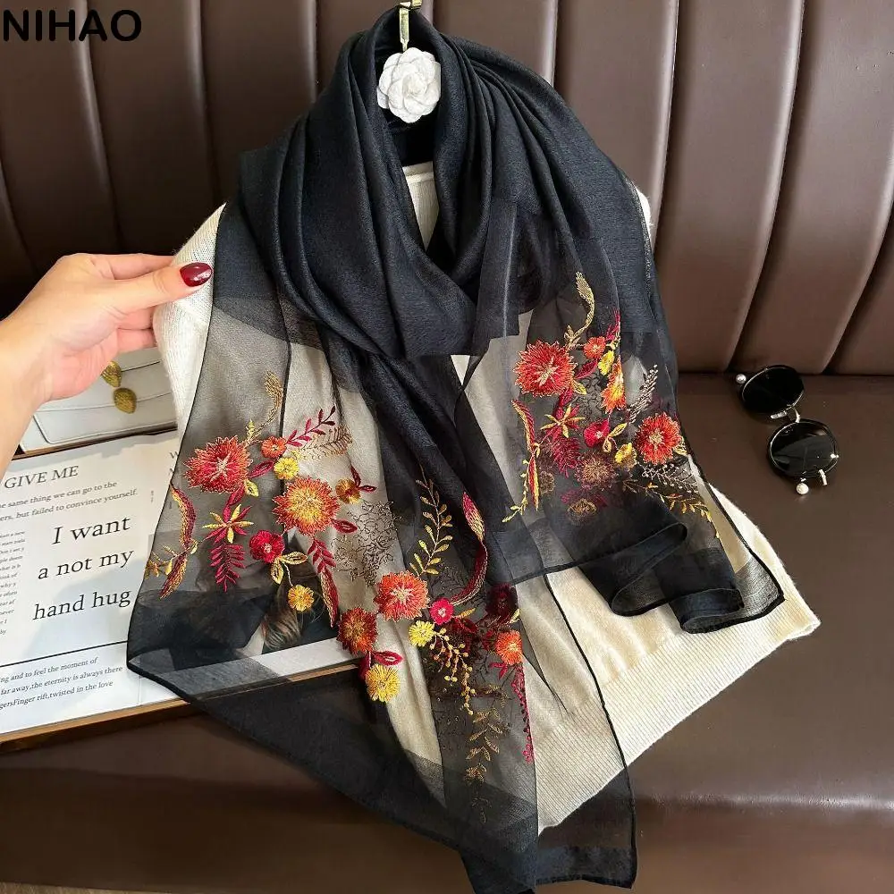 Fashion Embroidery Flower Silk Scarf Shawls Transparent Korean Style Mesh Neck Scarves Sunscreen Neckerchief Wedding