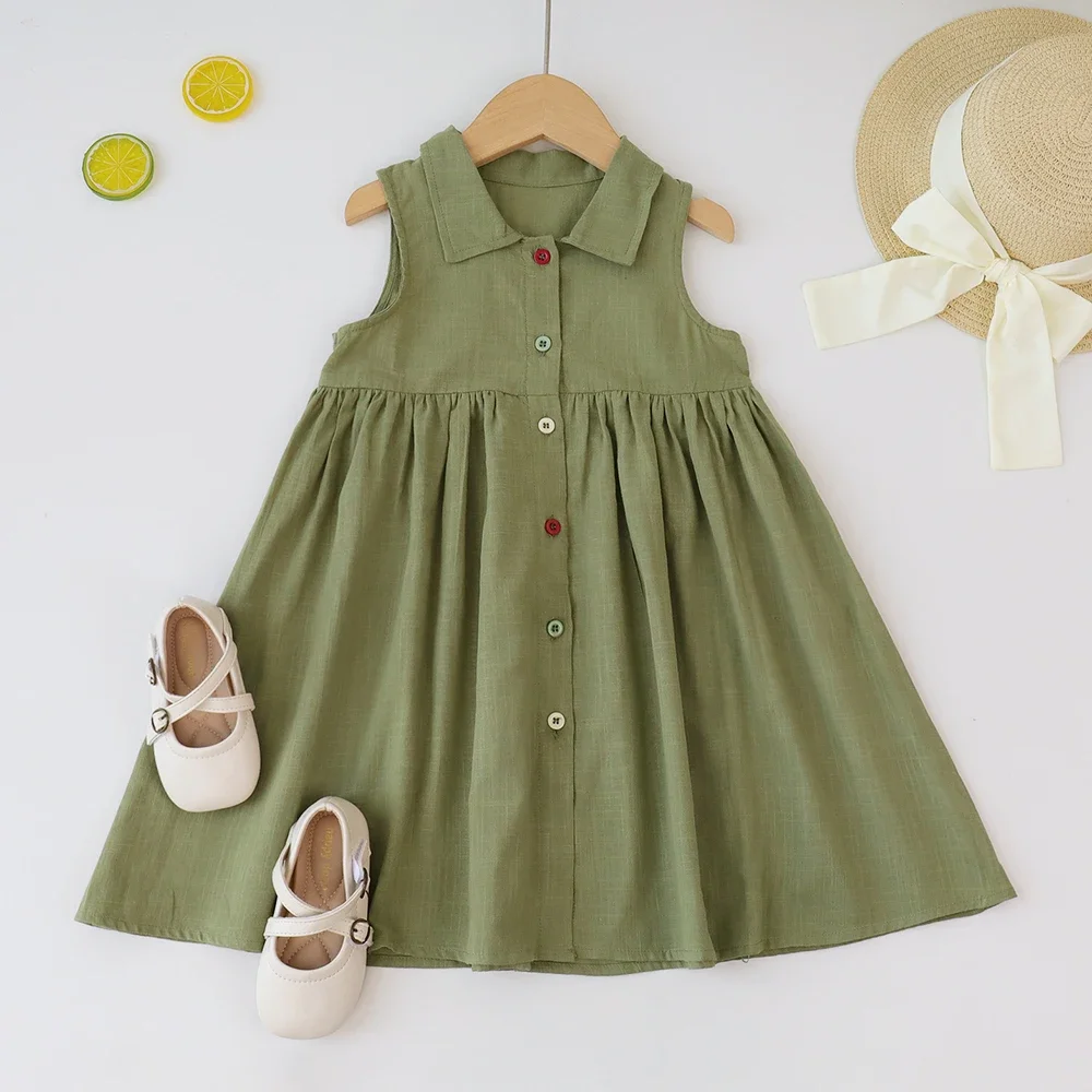 New Solid Baby Girl Dress Cotton Button Kids Dresses Summer Princess Party Dress Toddler Girls Sundress Kids Clothes