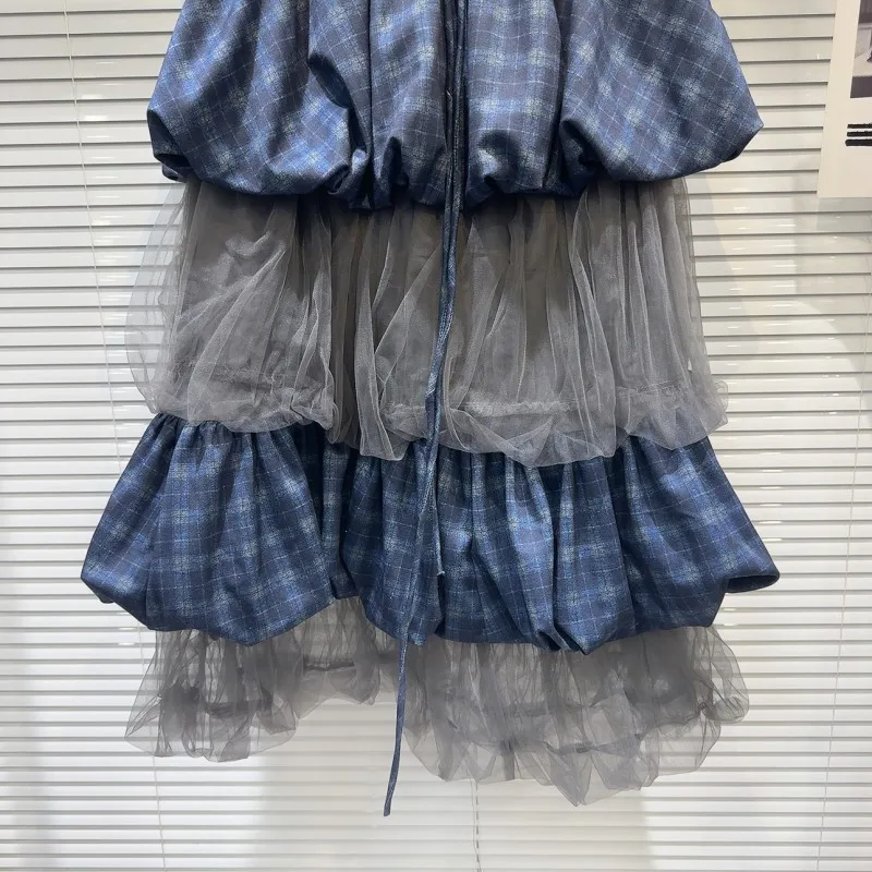 Japanese Style Women's Dull blue Long Dress High-Waisted Bow Spliced Lace A- Line Mid-Length Skirt Female Fashion