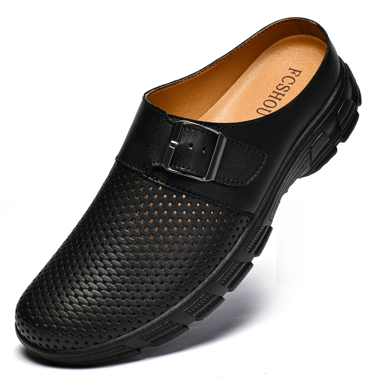 

New Men's Casual Soft Leather Shoes Breathable Slip-On Summer Hollow out Lazy One-Touch Half Slippers without Back Heel
