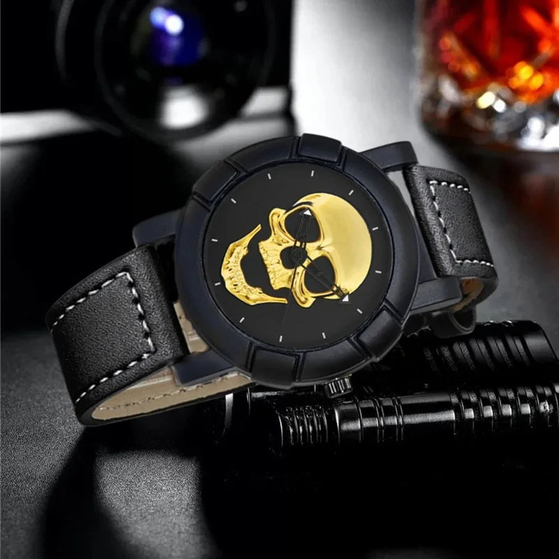 3PCS Luxury Mens Skull Watches Classic Men Business Leather Quartz Wristwatch Fashion Male Black Necklace Bracelet Watch