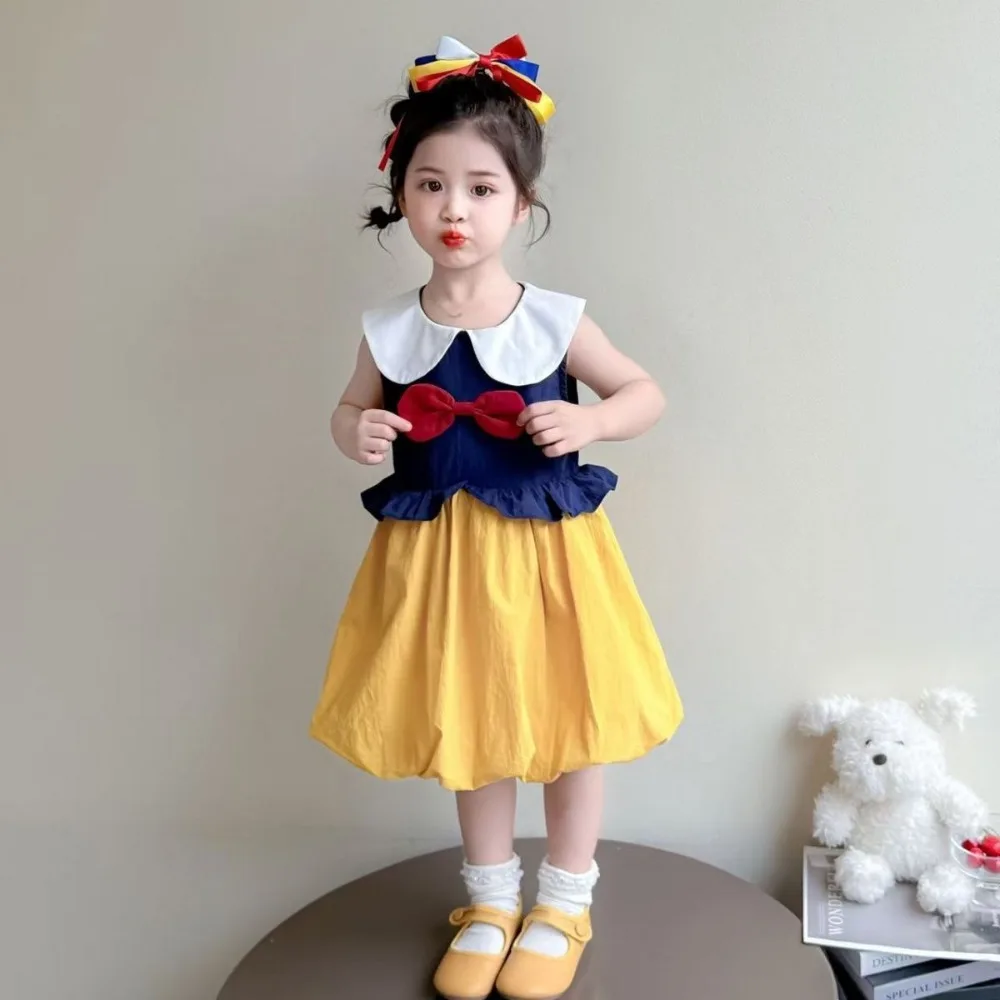 

Summer Fashion New Girls' Clothing Cute Color Blocked Princess Dress with Bow Decoration Sleeveless Lapel Children's Dresses