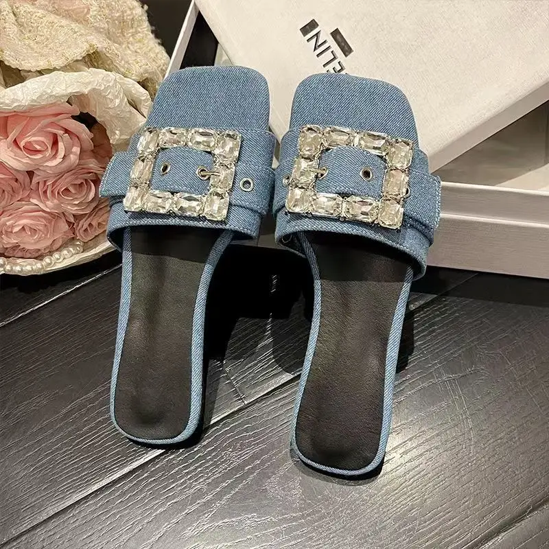 

Women's flat slippers, summer fashion fairy style rhinestone square buckle, outdoor shopping and casual sandals