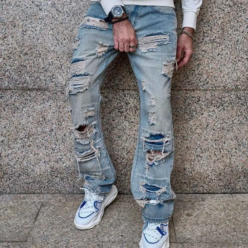 

American Vintage New Fashion Men's Loose Light Blue Casual Trendy Hole Patched Simple Basic Denim Trousers Male Clothes Jeans