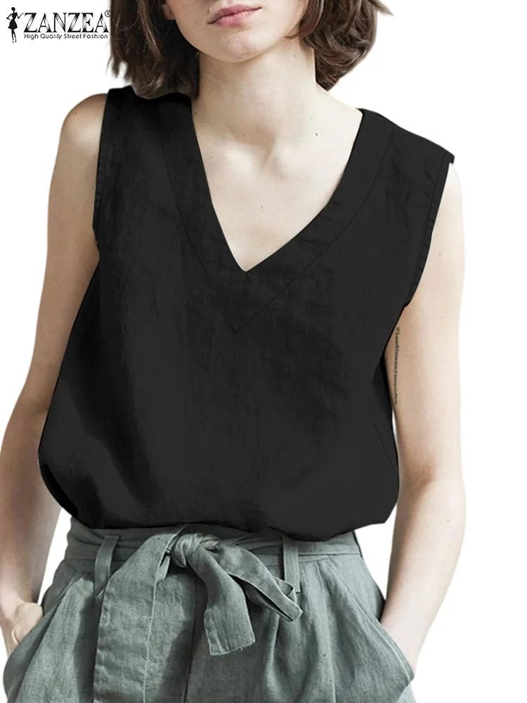 

ZANZEA Womens Cotton Linen Tank Tops Everyday V-Neck Comfort Breathable Casual Tops Solid Color 2025 Summer Sleeveless T-Shirts