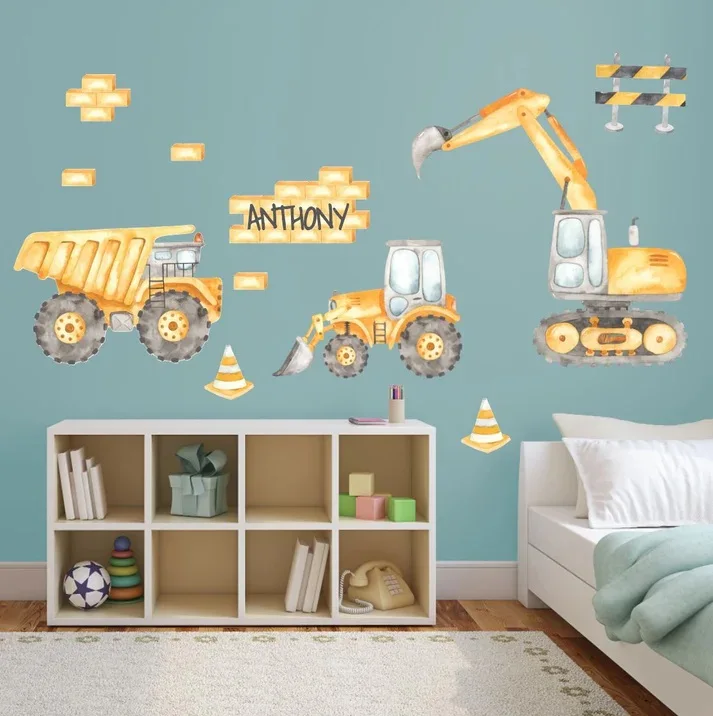 Custom Name Consturction Crane Excavator Truck Wall Sticker Boy Room Kidsroom Building Truck Wall Decal Playroom Decor