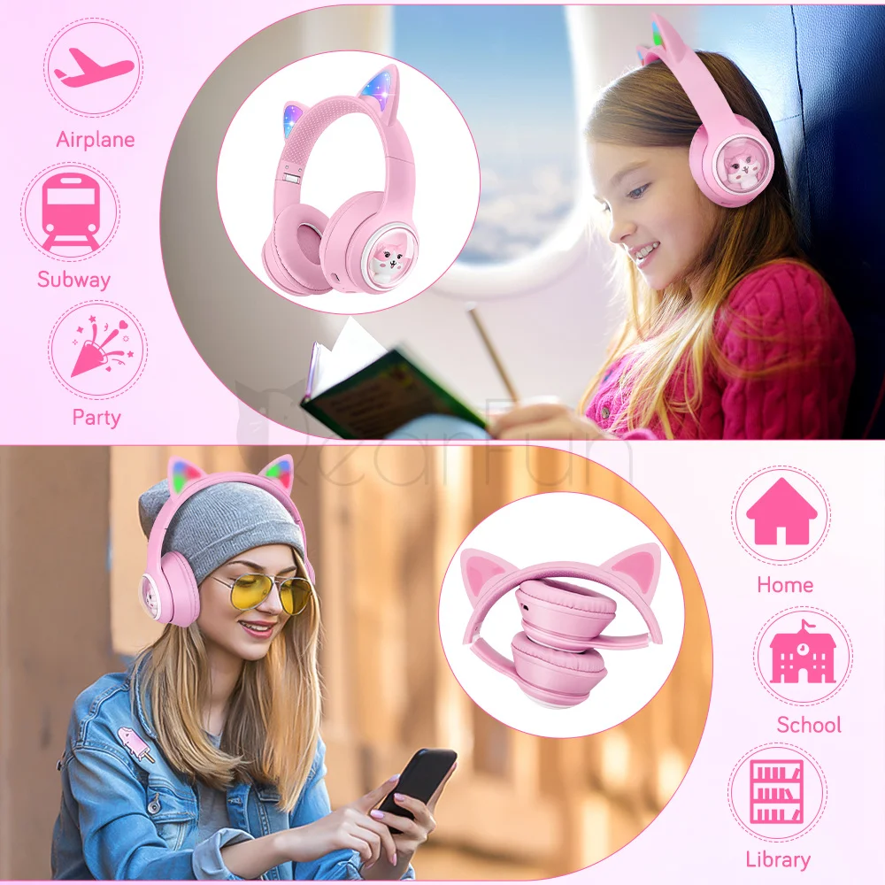 Cat Ear Headphones Black Pink Bluetooth Headphone RGB Light Wireless Earphones with Mic Music for IPad iPhone Girls Boys Gifts