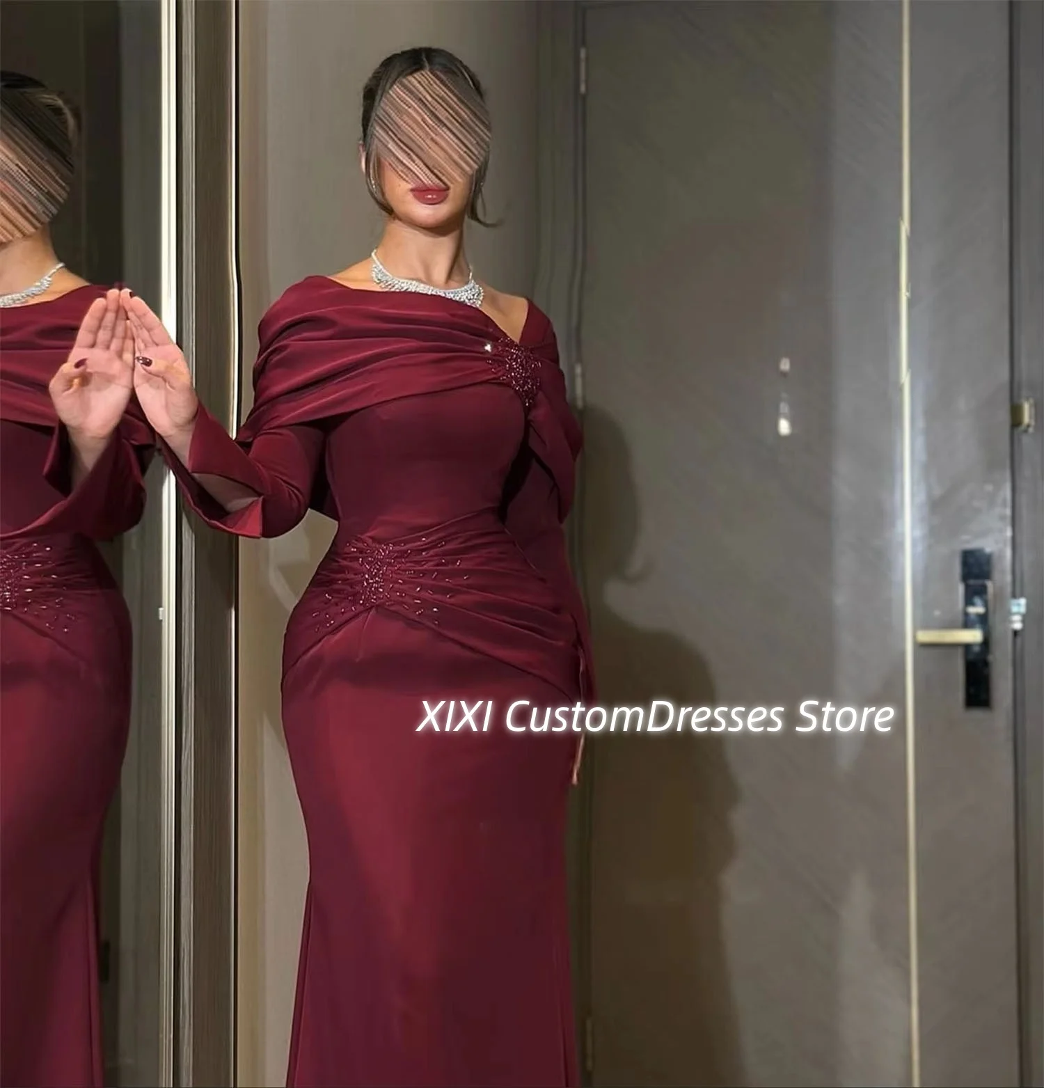 تخصيص فساتين Fساتين حورية البحر ذات العنق المربع بطول الأرض للحفلات الراقصة المحدبة وأكمام طويلة وسحاب حتى فساتين خاصة #5