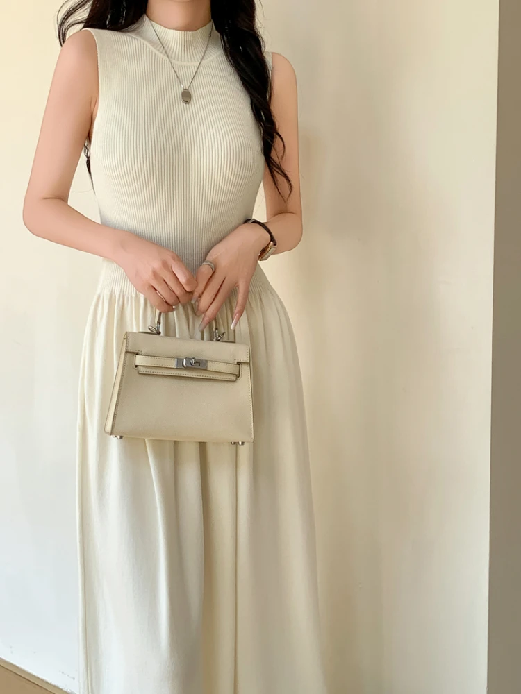 Vintage Casual Patchwork Sexy Dress Women Commute O-neck Sleeveless A-line Knitting Female Dresses Autumn 2024 Lady Robe Vestido image 3