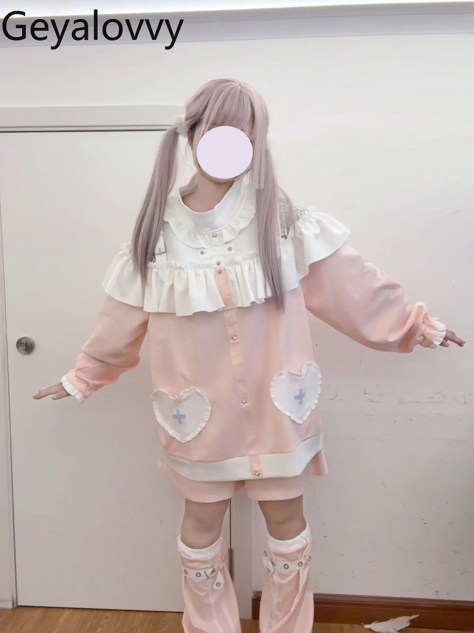 

Original Mass-produced Soft Sweet Girls Subculture Pink Sweatshirt Stand Collar Loose Hoodies Coat and Shorts Leg Cover Suit