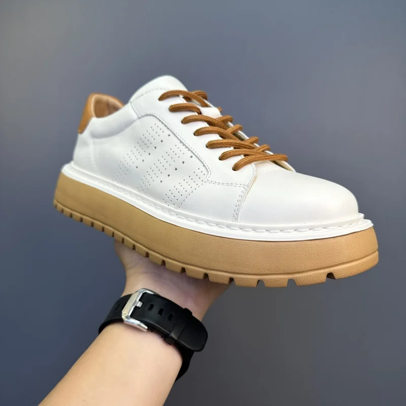 Spring New Men\'s Casual Shoes Genuine Leather Thick Sole Small White Shoes