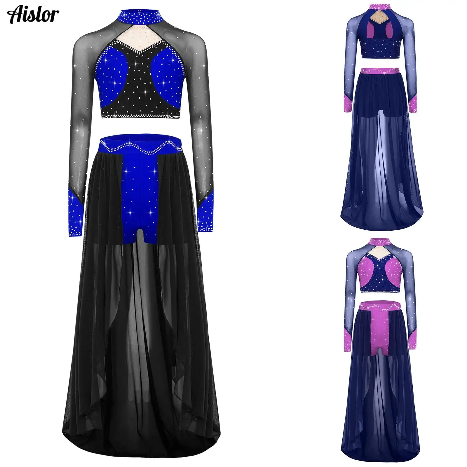 

Kids Girls Modern Lyrical Dance Outfit Long Sleeve Cutout Mesh Patchwork Color Block Shiny Rhinestones Crop Top+Shorts Skirt Set