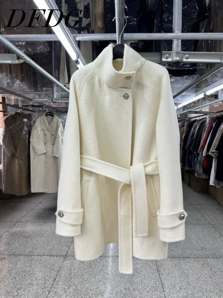DFDG 2025 Neutral Solid Color Short Design Sense Of Low Luxury Style Stand Collar Wool Lace-up Jacket Button Long Sleeve Coat