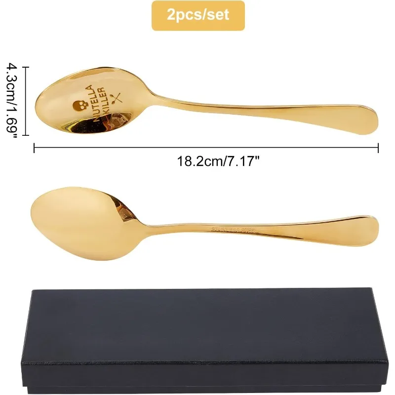 2Pcs Nutella Killer Spoon with Gift Box Golden Engraved Stainless Steel Table Spoons for Friends Families Festival Christmas Bir