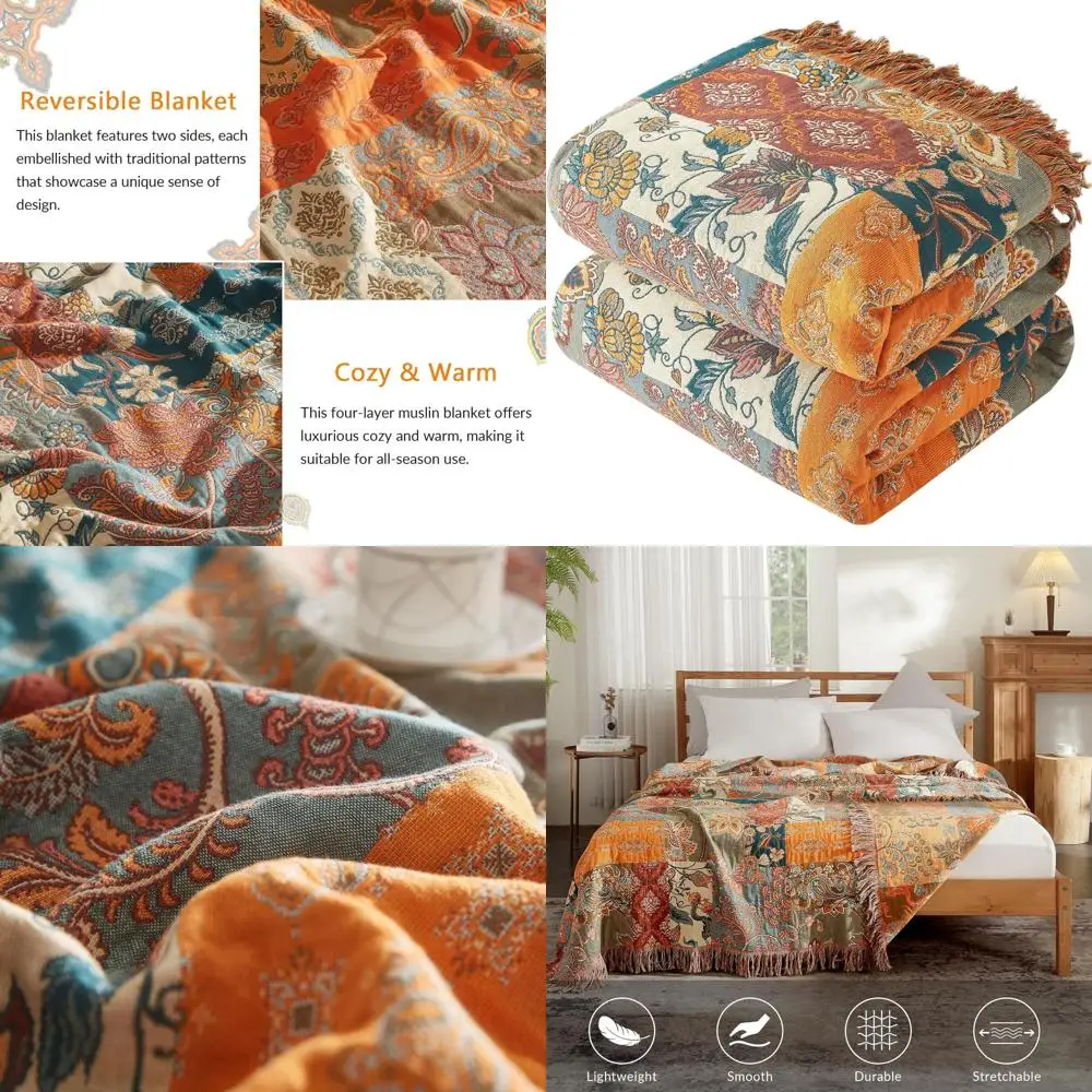 

Cotton Boho Quilted Throw Blanket with Tassels, 90x98 Soft Muslin Floral Print, Reversible Decorative Cover for All Seasons