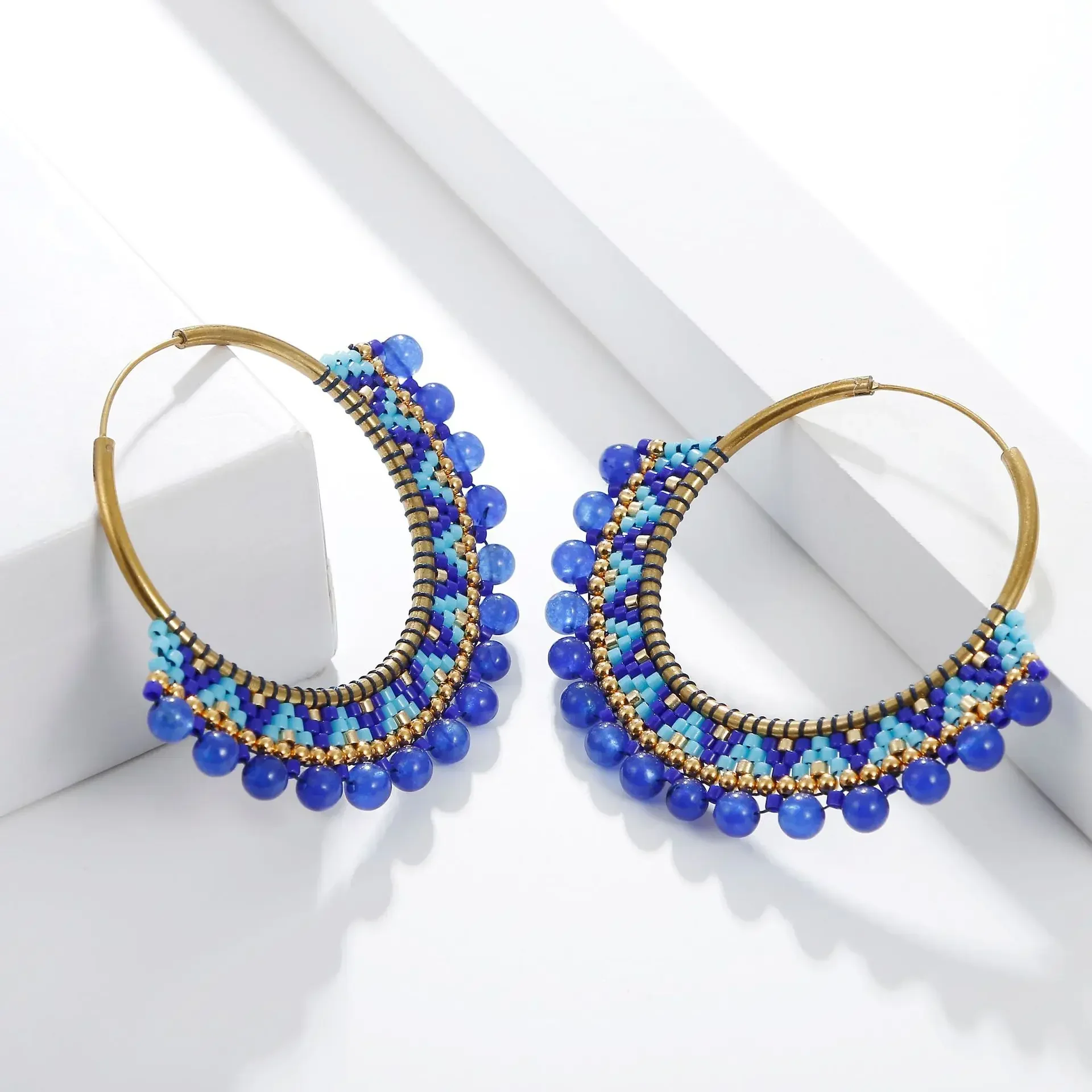 Rice Bead Earrings  Hand knitting  Beaded  Wind around  Big circle  Exaggeration Rice pearl Bohemia alloy ma\'am Tassel Earrings