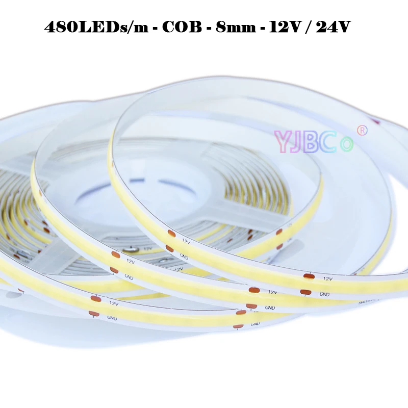 

12V 24V 5M Single colo COB LED Strip Bar 480LEDs/m White/Warm white/Natural White/Blue/Red/Green Flexible Light Tape 8mm PCB