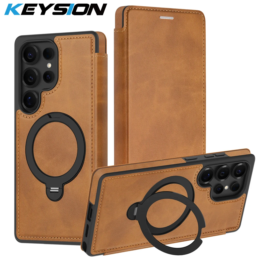 KEYSION Leather Flip Wallet Case for Samsung Galaxy S26 Ultra S25+ S24 S23 FE S22 Card Slots Magnetic 360 Ring Stand Phone Cover