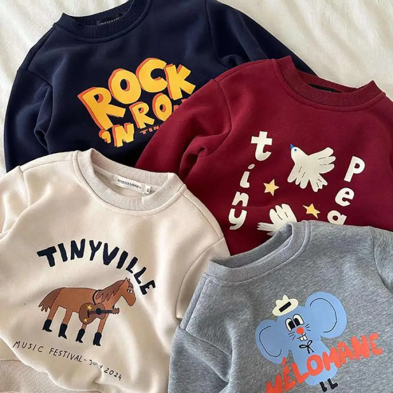 

2025 Winter New Children Fleece Sweatshirt Boys Girls Cute Cartoon Print Tops Kids Plus Velvet Thick Pullover Baby Warm Clothes