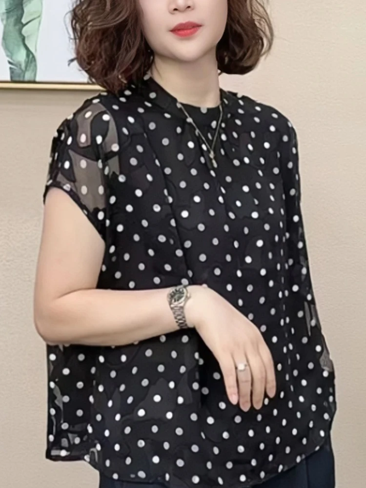 Polka Dot Stand Collar ort Sve irt Women's Faion Slimming Design Sensation Me Top Summer New Sle Ele Lady