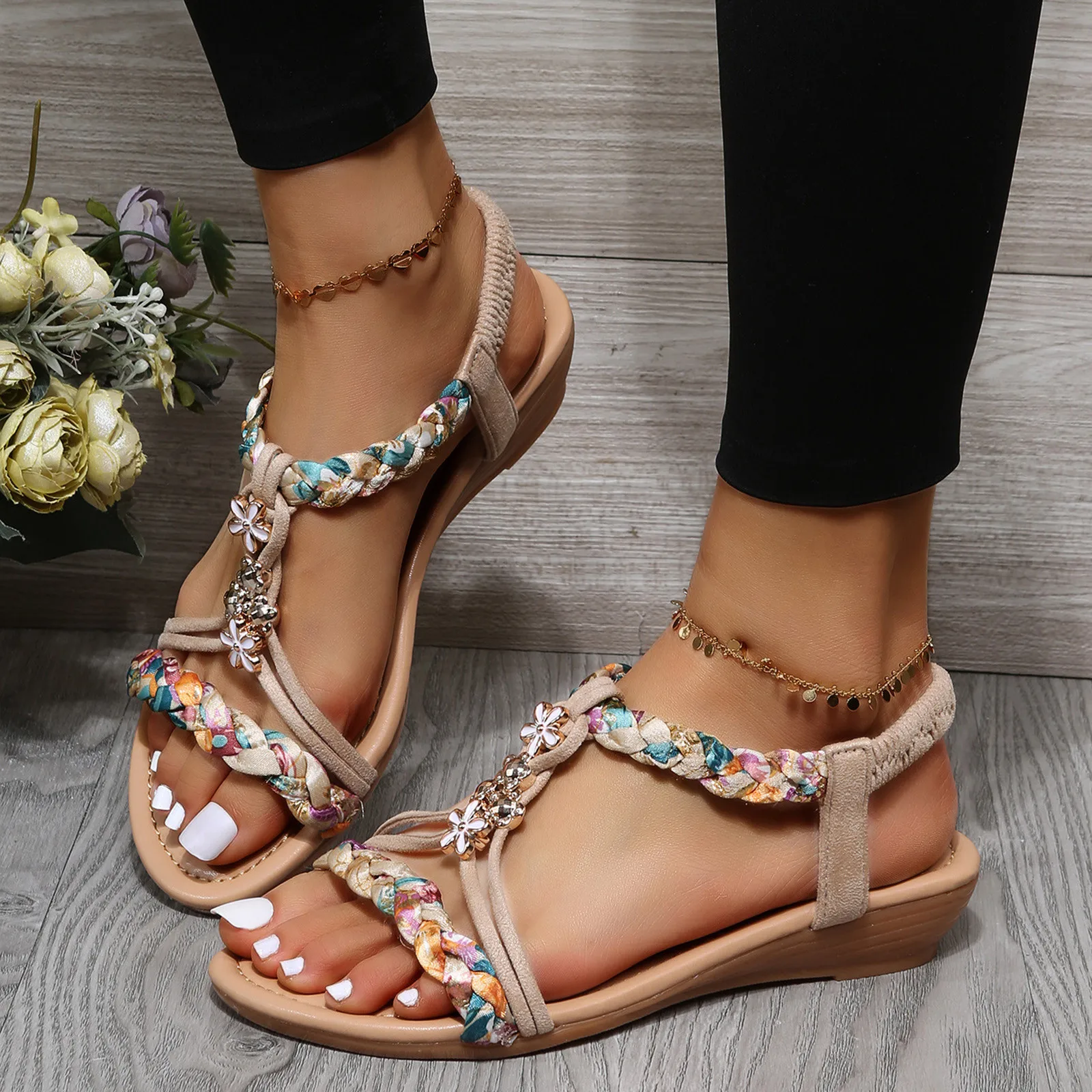 Sandals Woman Summer 2024 Fashion Comfortable Weave Slippers Beach Bohemian Slides Ladies Flats Sandals Rome Shoes for Women