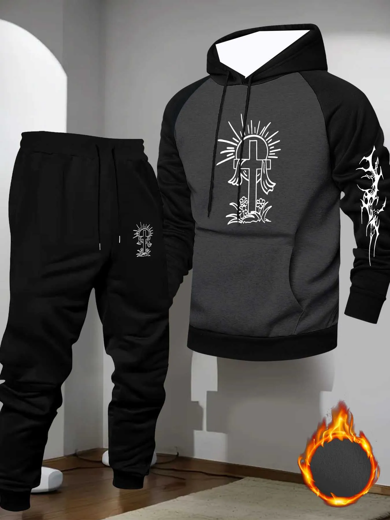 

2025-26, осенне-зимний новый спортивный комплект Y2K, толстовка с перекрестным принтом, мужская мода, супер большой удобный повседневный уличный комплект из двух предметов