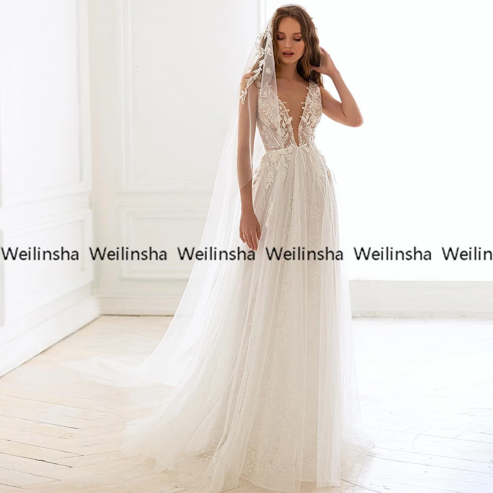 Cap Sleeve Beach Wedding Dresses Deep V Neck Full  2022 Soft Tulle less Women Dress New Robe De Mariée Zipper Back