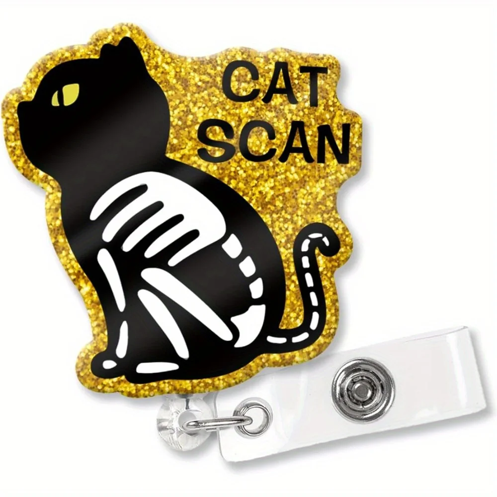

2D Black Cat Badge Reel with gold glitter. A fashionable, retractable clip for medical professionals.