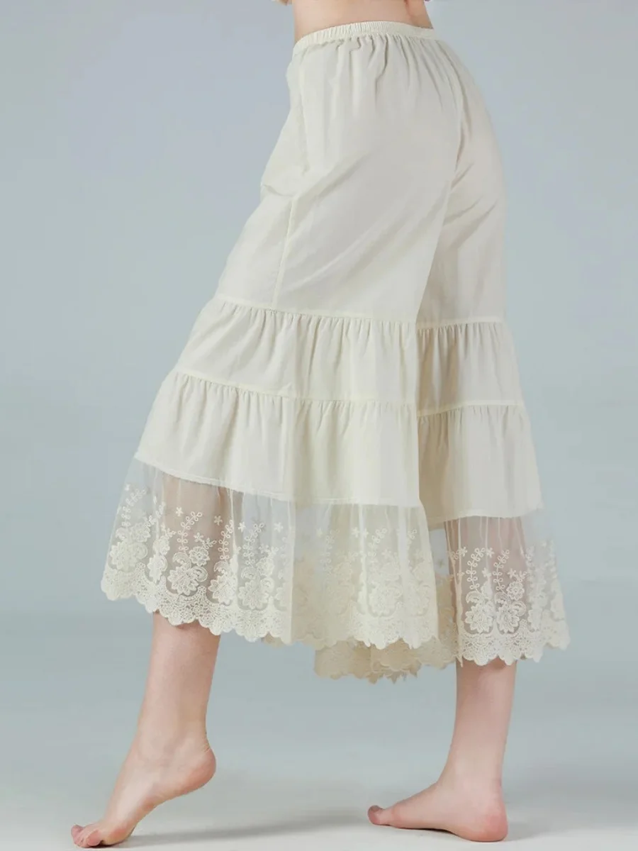 

Y2k Эстетические широкие брюки Женские капри с талией Эластичные брюки с высокой талией и цветочной кружевной отделкой Манжеты Свободный крой Свободные шаровары Брюки