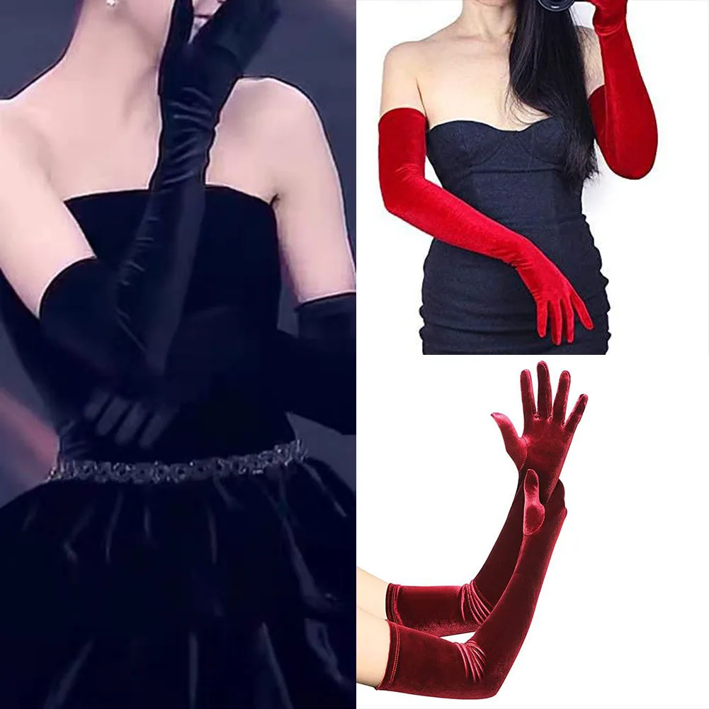 1Pair Christmas Party  Women Velvet Long Dinner Dress Gloves Warm Driving Gloves Noble Banquet Style