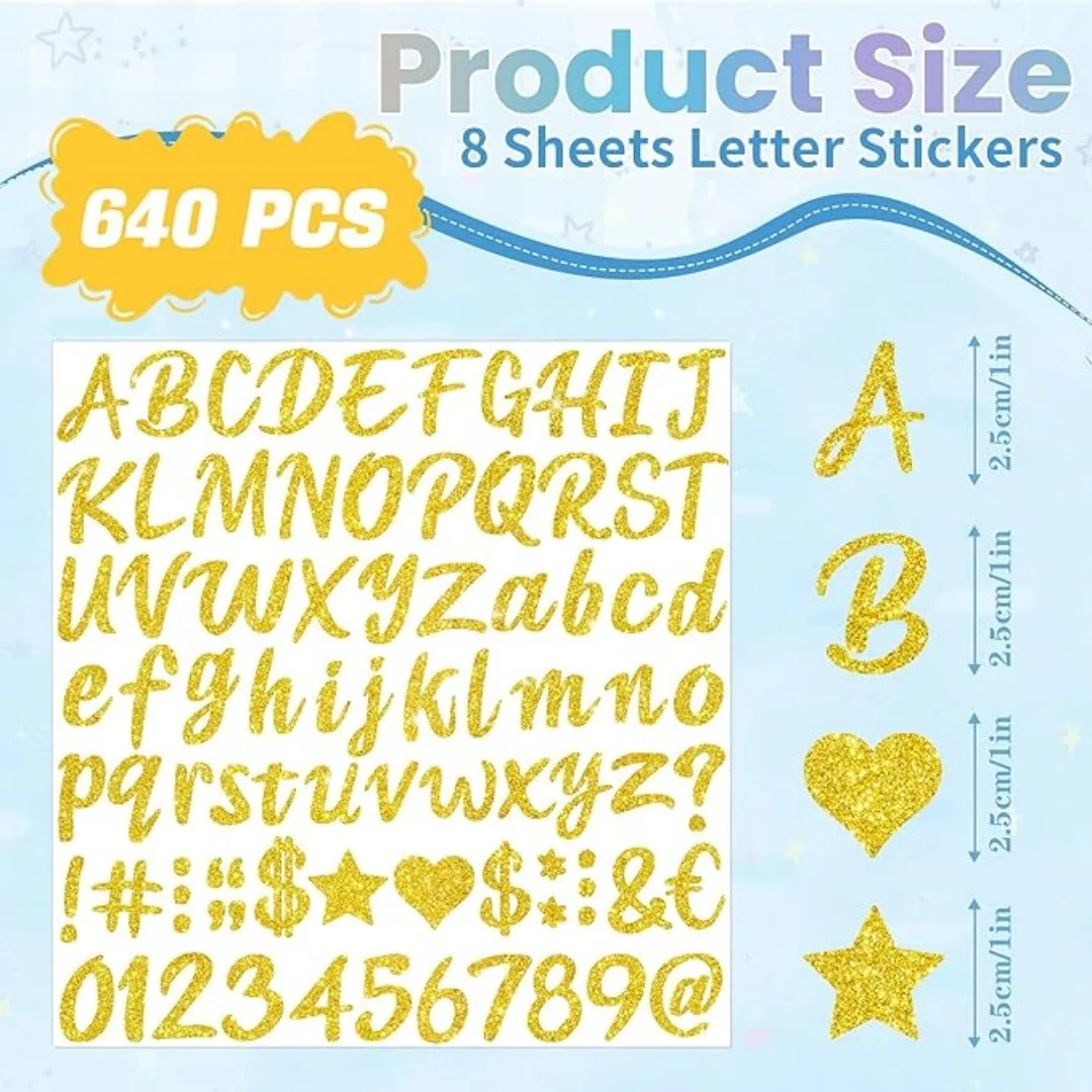 640 Pcs Silver Gold Letter Stickers Glitter Alphabet Stickers 8 Sheets Self-Adhesive A-Z Letters With Numbers Symbols Diy Decals
