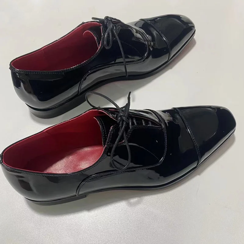 LOUBUTEN Black Patent Leather Dress Shoes Luxury Designer Lace-up Pointed Toe Oxford Shoes For Men Red Bottom Wedding Shoes