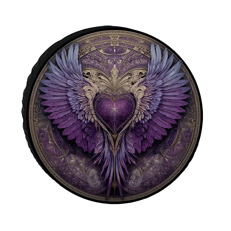 Polyester Fiber Car Tire Cover With Round And Heart-Shaped Wing Art Patterns In Black And Golden Colors, Available In Multiple S