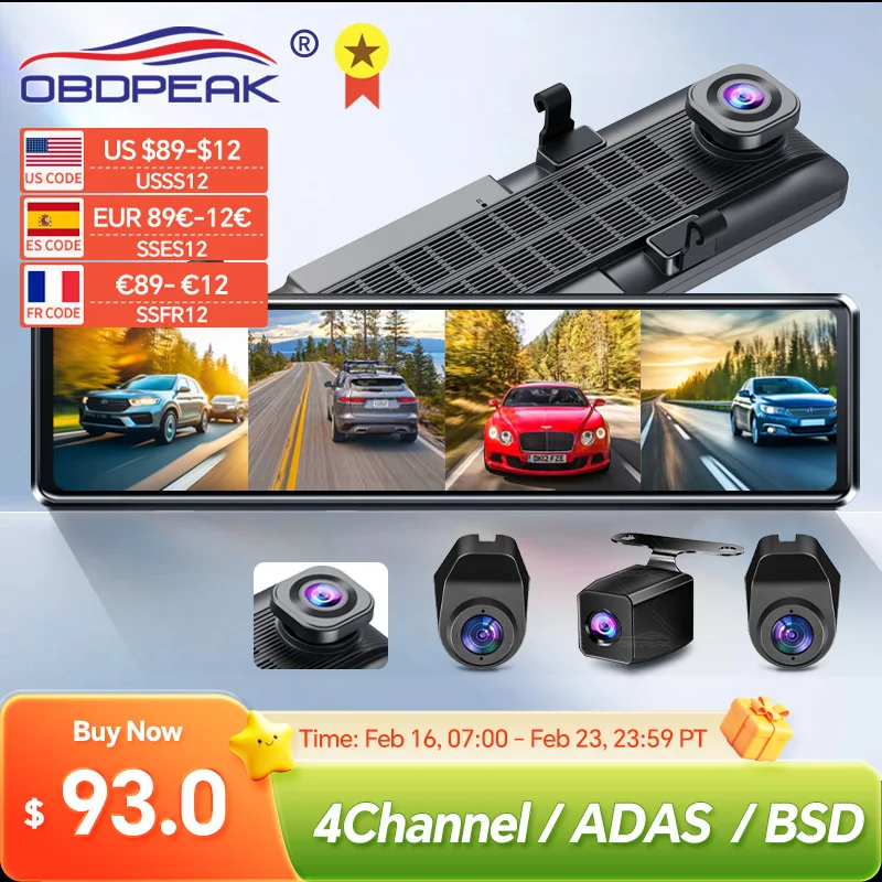 A8 4CH Dash Cam 11.26 Inch 4K WIFI Rear View Mirror 4 Cameras Video recorder Car DVR Dual Lens ADAS BSD Night Vision 24H Parking